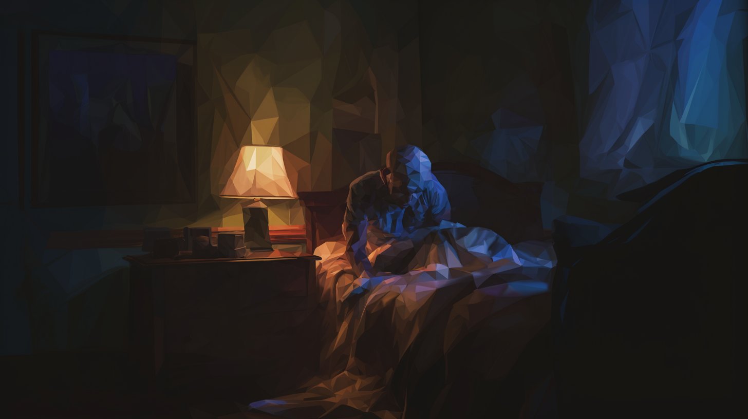 Bo Knows still — man sitting up in bed at 3am, low-poly geometric style